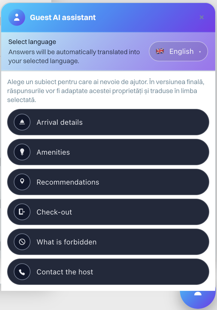 Previzualizare interfață Guest AI assistant