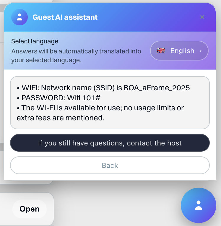 Exemplu de răspuns Wi‑Fi oferit de Guest AI assistant