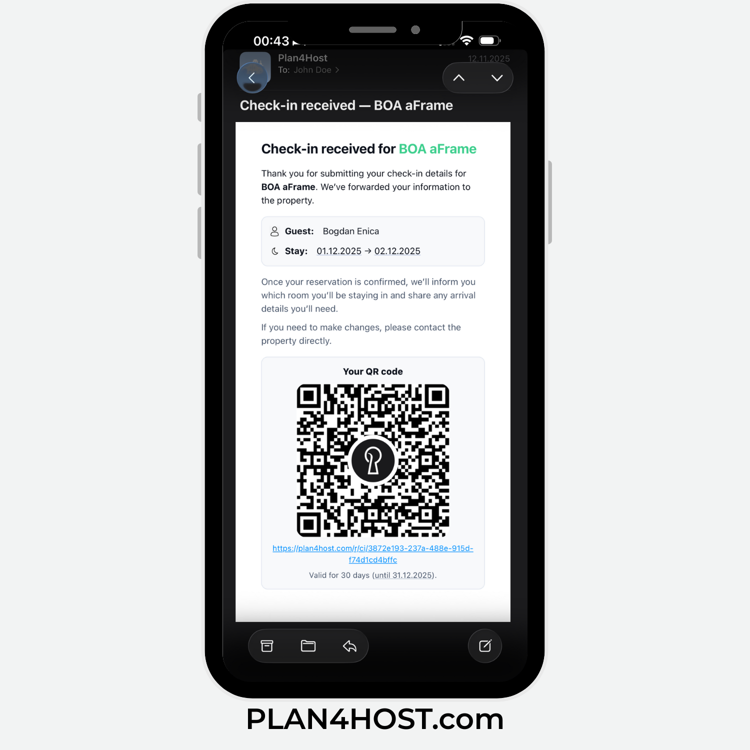 Sample confirmation email after check-in form submission