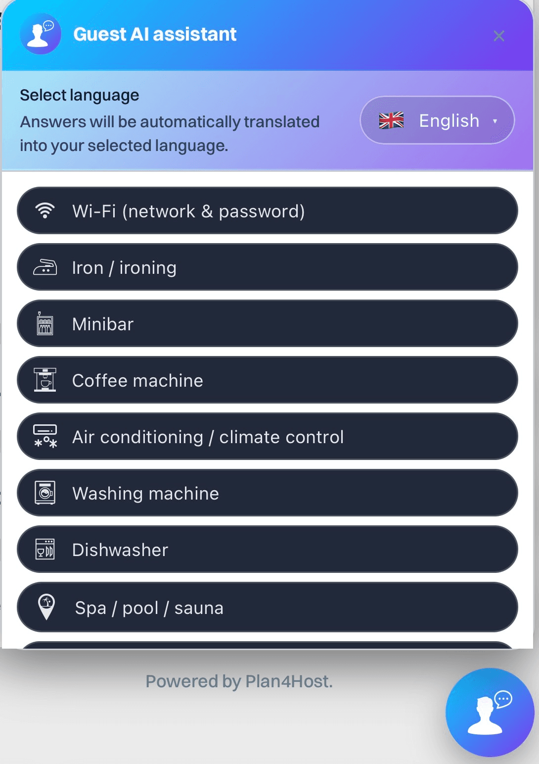 Guest AI assistant amenities menu