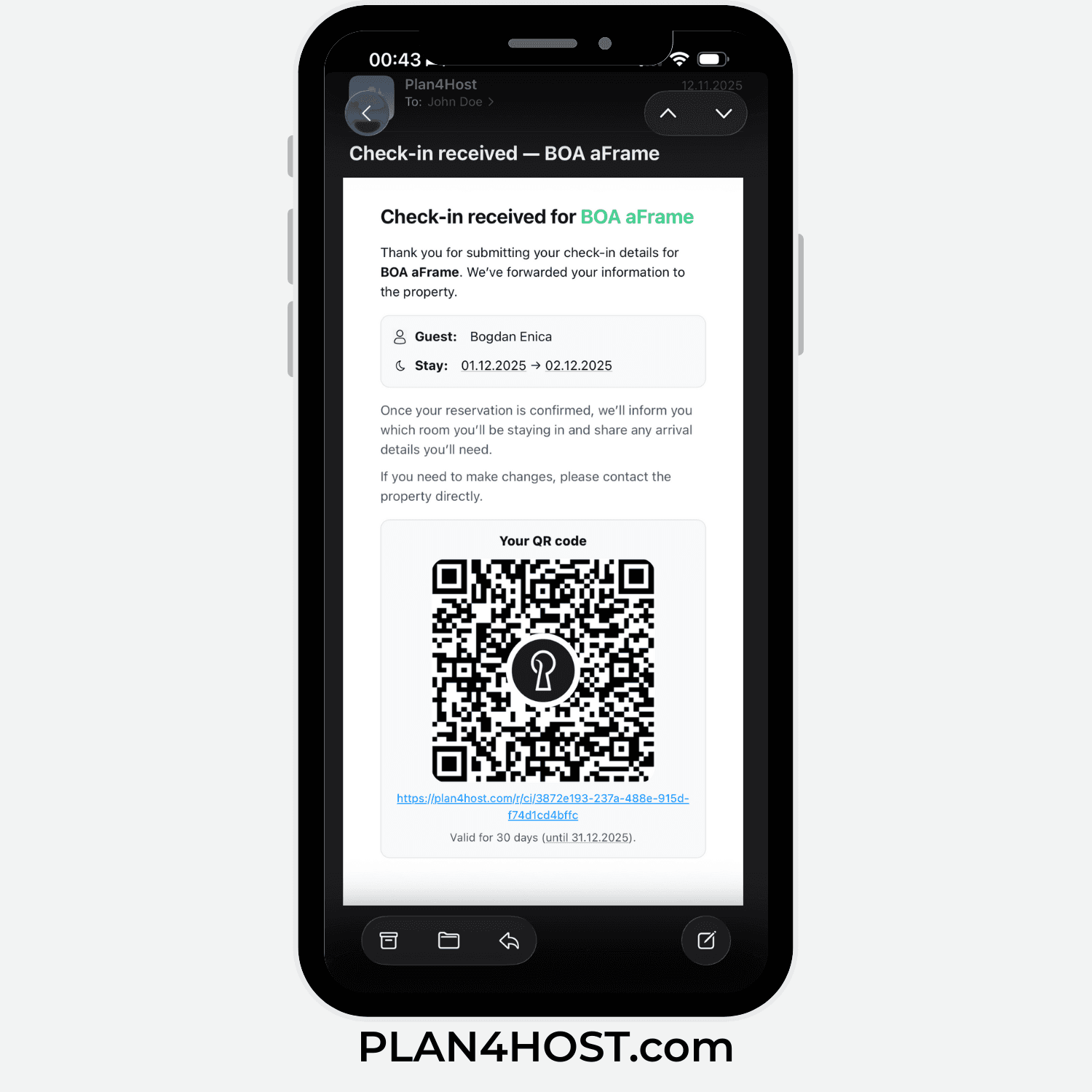 Exemplu de confirmare dupa trimiterea formularului de check-in